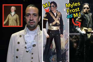 Lin Manuel Miranda is on the left as Hamilton, with an inset of Hamilton, and MJ on the right, labeled, side by Myles Frost labeled, "Myles Frost as MJ"