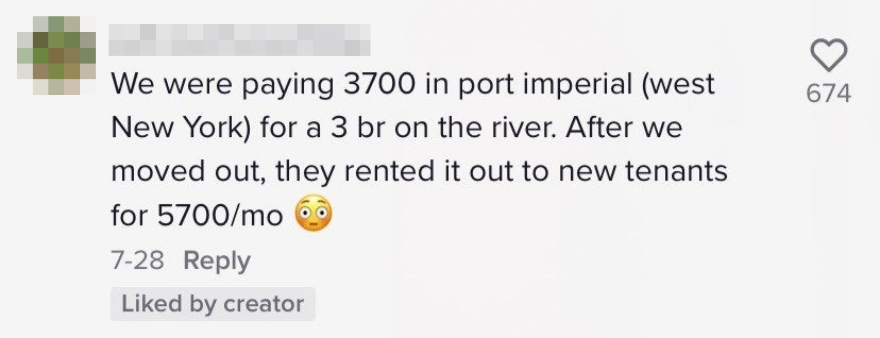 A commenter saying their apartment&#x27;s rent in New York increased from $3,700 to $5,700