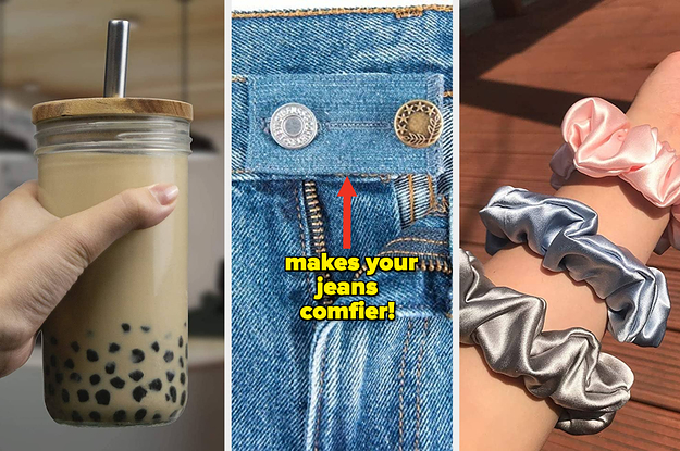 a person holding a glass jar with bubble tea in in, a waistband extender on a pair of jeans, and a set of three scrunchies on an arm