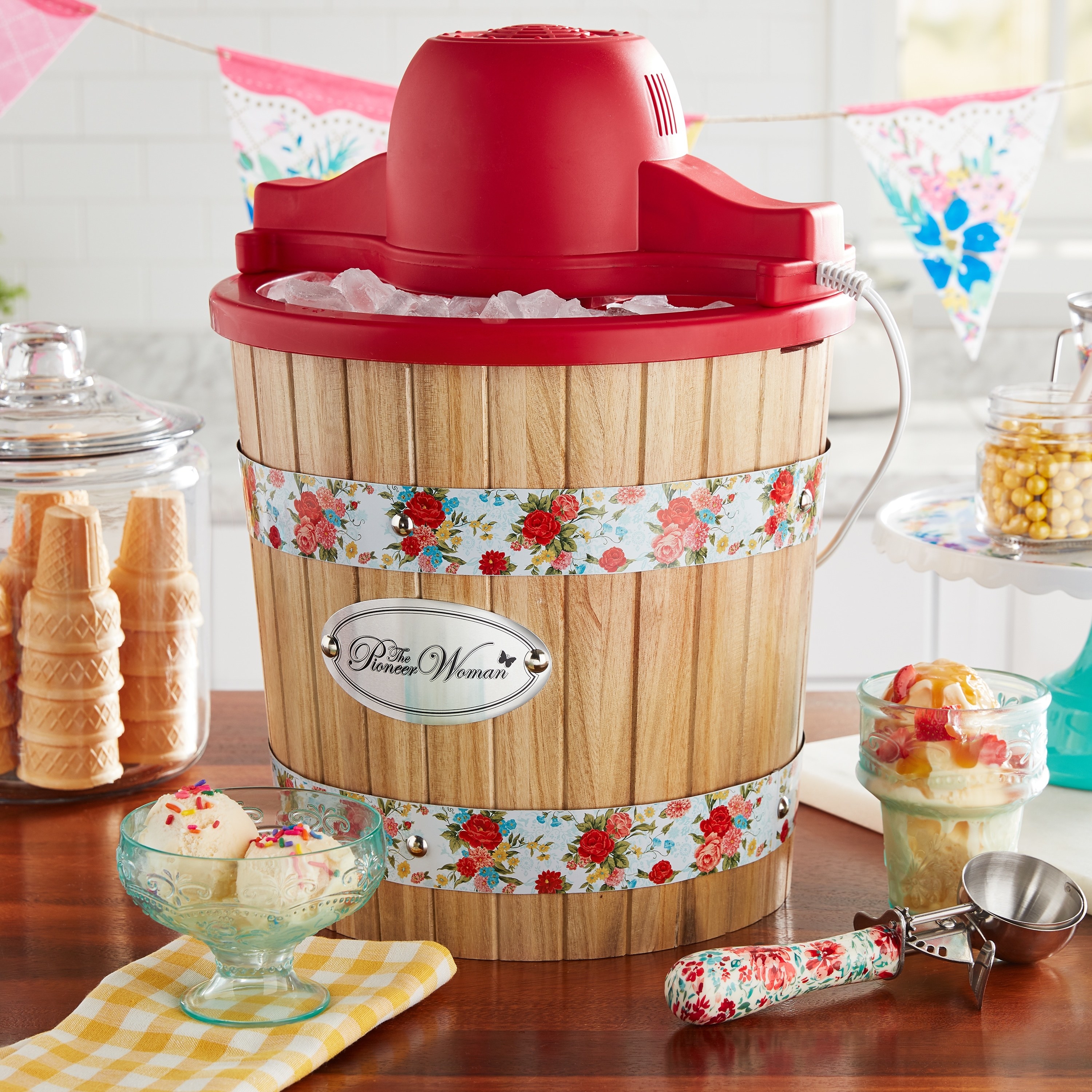 the red, wood, and floral ice cream maker