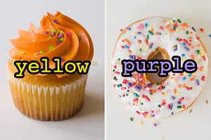 On the left, a vanilla cupcake with bright frosting and sprinkles labeled yellow, and on the right, a vanilla donut with sprinkles labeled purple