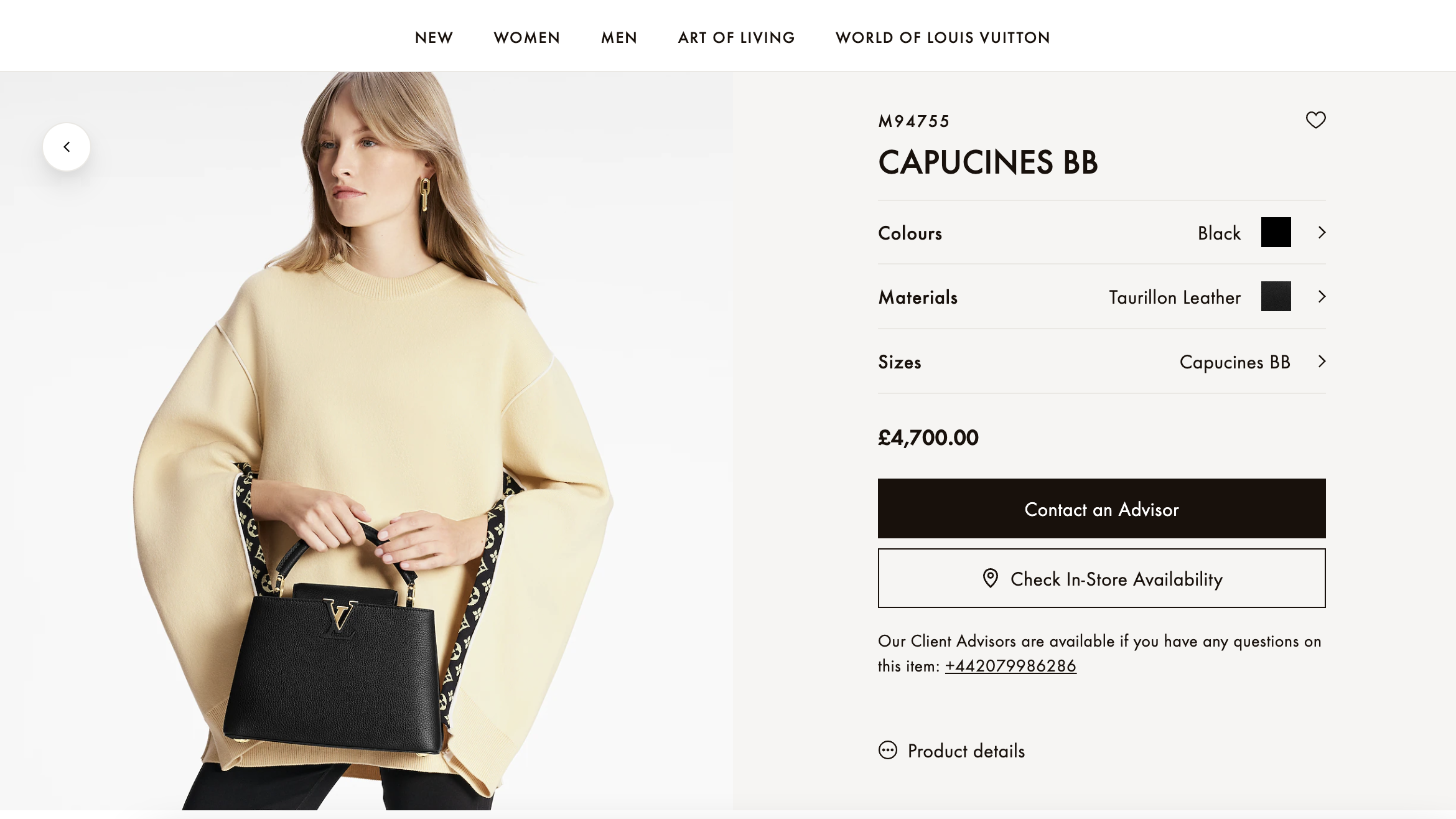 Product page for the Capucines BB bag
