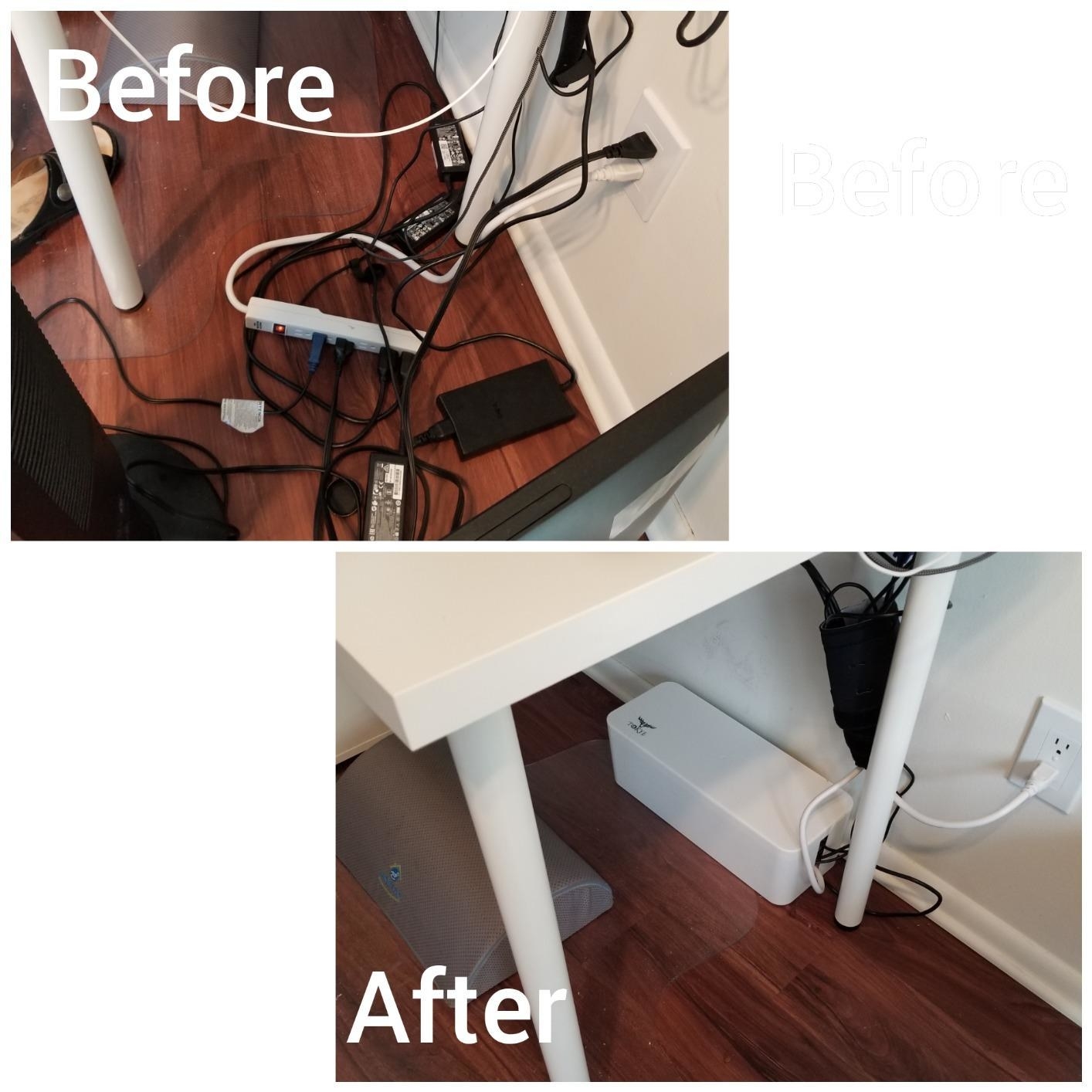 before photo of a mess of tangled cords plugged into a powerstrip and an outlet next to an after photo of a white rectangular box holding the powerstrip and cords and the area looks much neater