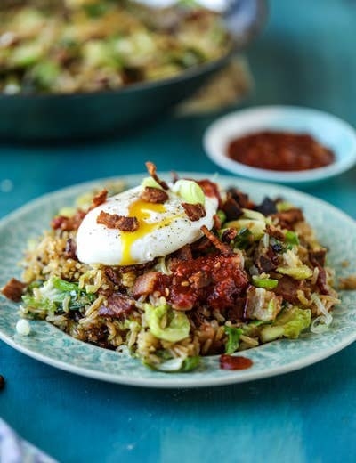 Bacon and Brussels Sprouts Fried Rice on a plate