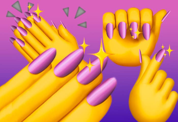 Yellow emoji hands with long pink nails. 