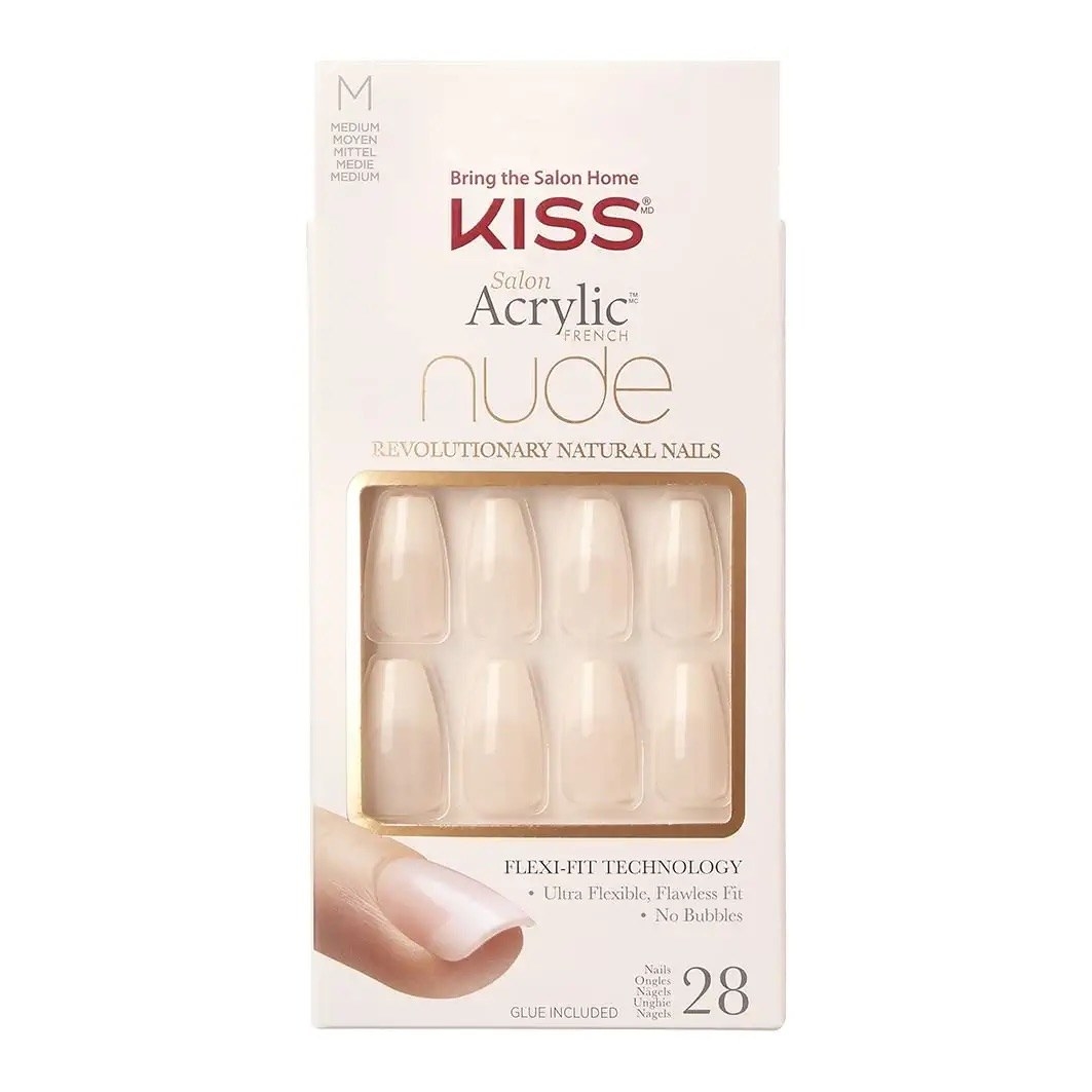A box of Kiss acrylic nails in a nude color that has a slightly lighter color towards the end.