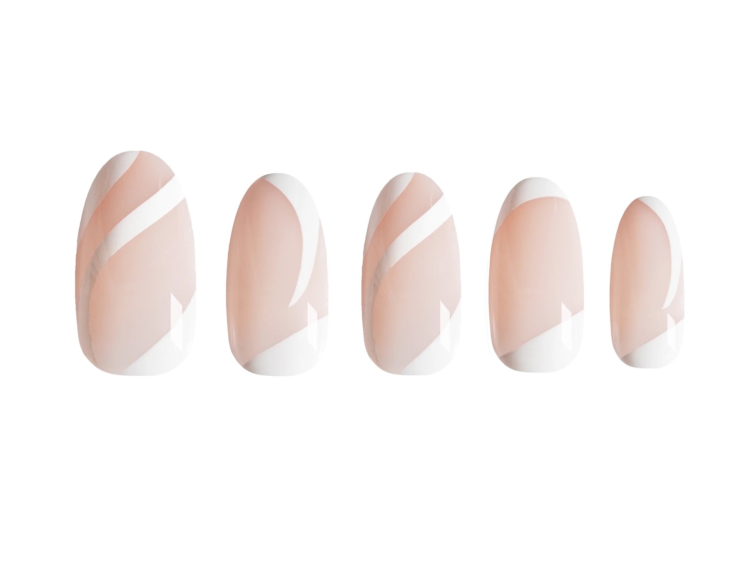 a set of press on nails on a white background. They are a light pink color with swooping white lines that follow the almond curve.