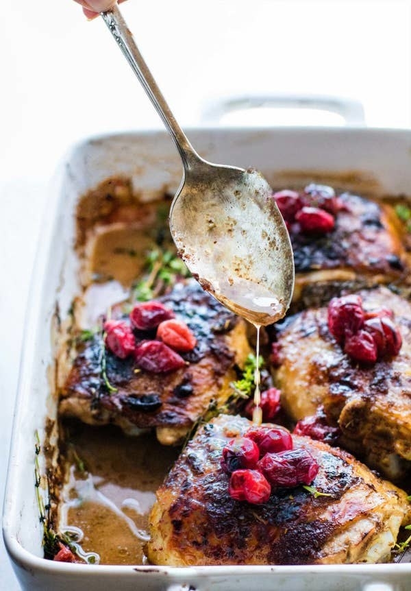 Cranberry Balsamic Roasted Chicken in a roasting pan