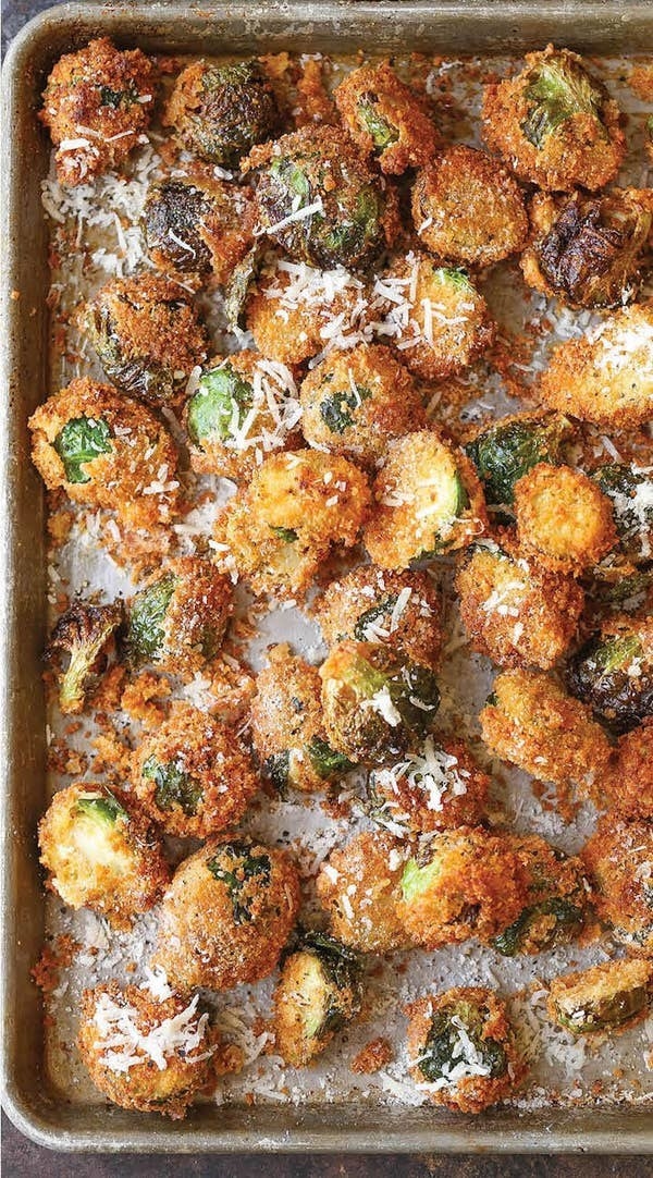 Parmesan Brussels Sprouts in a roasting pan
