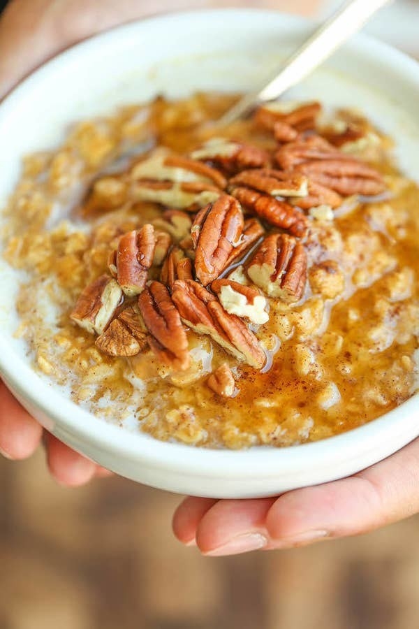 Pumpkin Pie Oatmeal with pecans on top