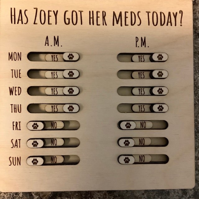 A reviewer&#x27;s magnet that says, &quot;has Zoey got her meds today?&quot; with sliding buttons for AM and PM