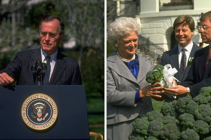 George HW Bush behind the presidential podium and Barbara Bush holding a head of broccoli