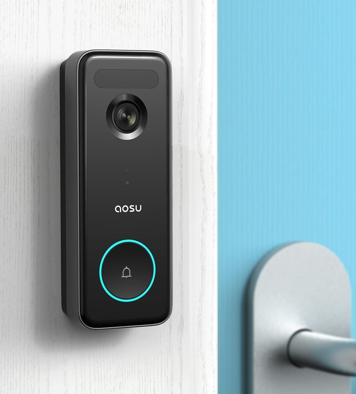 A doorbell camera next to a door