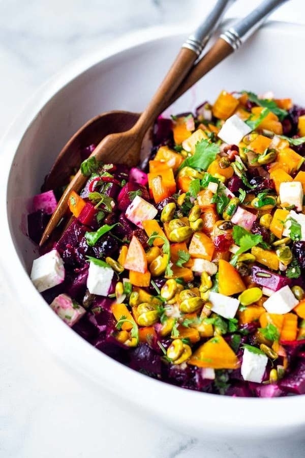 Beet Salad With Feta and Pistachios in a bowl