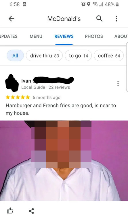 Ivan says hamburger and French fries are good, near to his house, and posts a headshot of himself