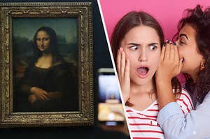 A cell phone takes a picture of the Mona Lisa and a woman tells another woman a secret