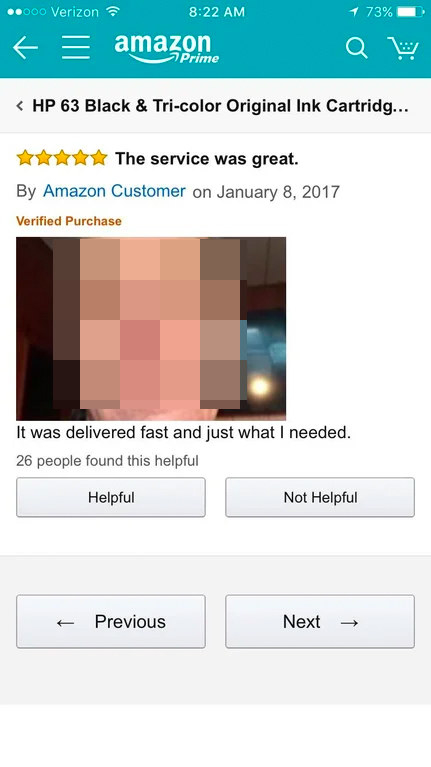 5-star review for an HP ink cartridge with &quot;The service was great&quot; and a headshot