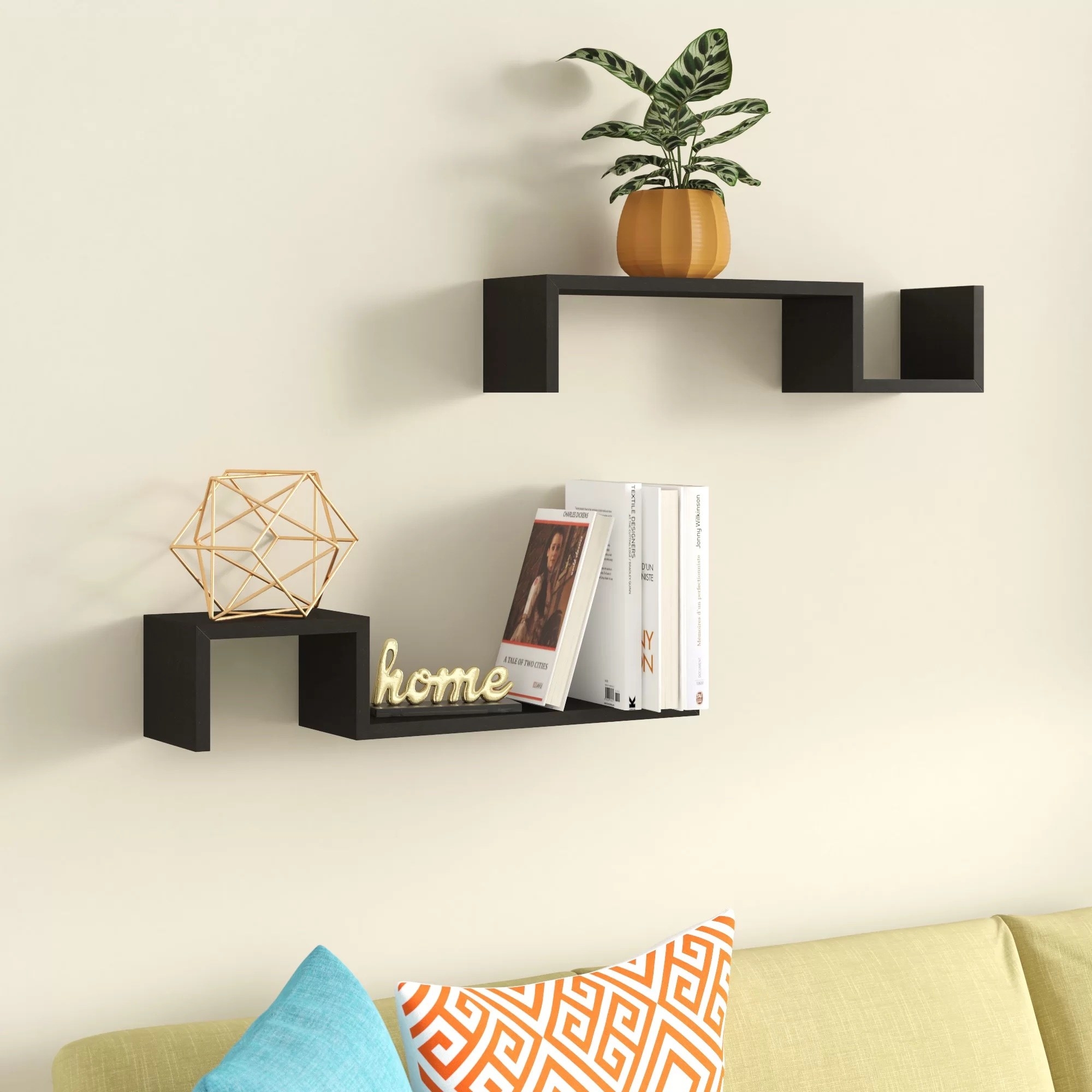 two espresso shelves above a couch with books and a plant