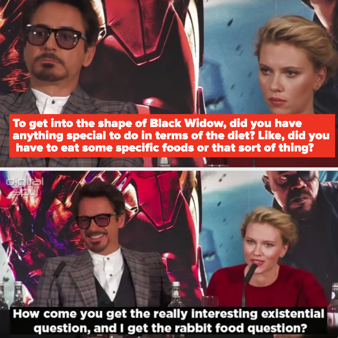 Scarlett Johansson saying, &quot;How come you get the really interesting existential questions, and I get the rabbit food question?&quot;