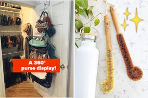 left image: hanging purse display, right image: bottle cleaning bristle brushes