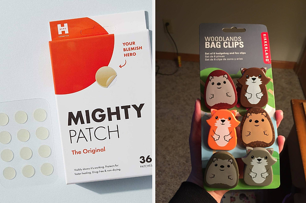 left image: mighty patch pimple patches, right image: woodlands bag clips