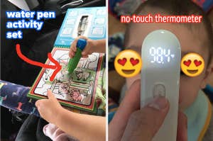 reviewer pic of kid coloring in activity book, reviewer pic taking temperature of a baby