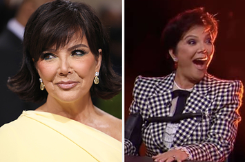 Kris Jenner wears a yellow off-shoulder dress with sparkly dangling earrings with her hair flipped out. She also wears a check-print suit with a black tie and her hair short.