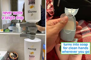 reviewer photo of a gray flip it tool being used to transfer the contents of one shampoo bottle to another with text: never waste a single drop / reviewer holding a blue pack of soap sheets with text: turns into soap for clean hands wherever you go