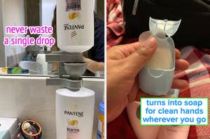 reviewer photo of a gray flip it tool being used to transfer the contents of one shampoo bottle to another with text: never waste a single drop / reviewer holding a blue pack of soap sheets with text: turns into soap for clean hands wherever you go