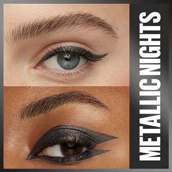 Two models with graphic metallic charcoal eyeliner