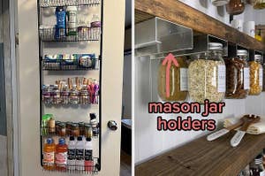 reviewer photo of over-door pantry organizer / mason jar holders installed under floating shelves