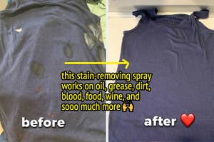 stain removing spray before and after on a stained shirt made clean 