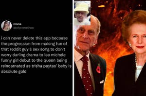 Viral tweet about internet discourse this week on left, doctored BeReal of Queen Elizabeth on right.