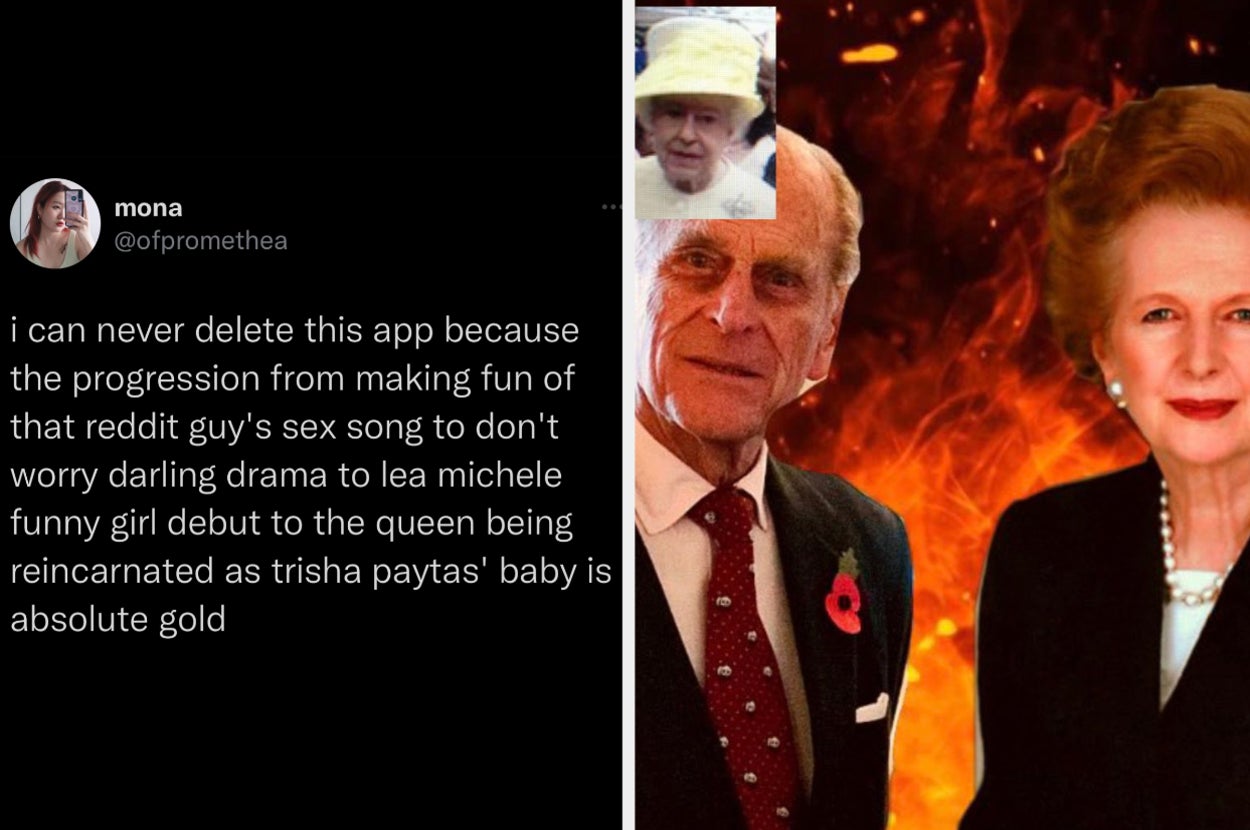 Viral tweet about internet discourse this week on left, doctored BeReal of Queen Elizabeth on right.