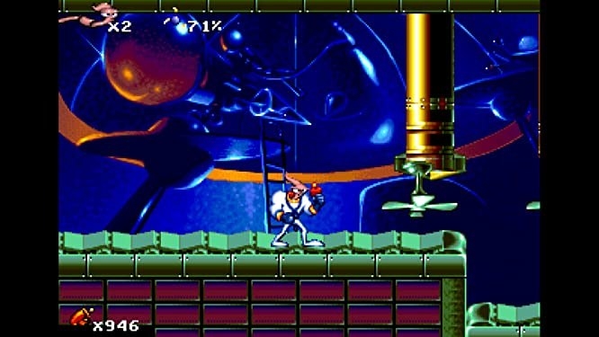 Earthworm Jim on a platform in front of a jump