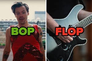 On the left, Harry Styles in the As It Was music video labeled bop, and on the right, someone strumming a guitar labeled flop