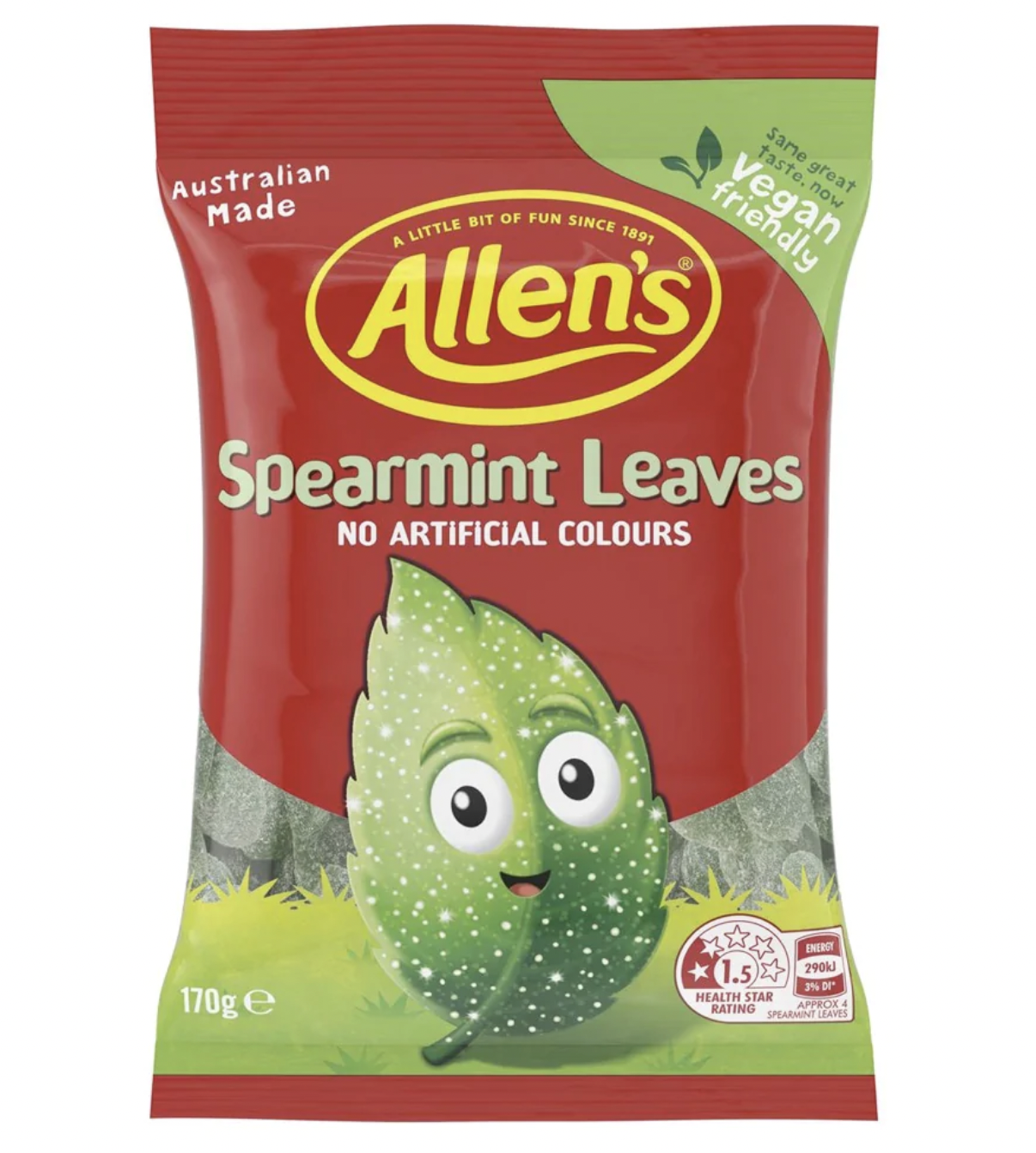 A bag of Allen's Spearmint lollies
