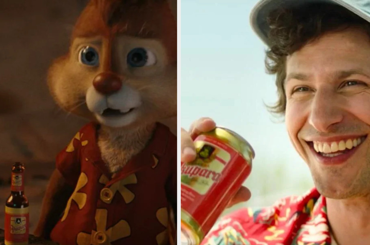 a chipmunk holding a beer; Andy Samberg holding the same brand of beer