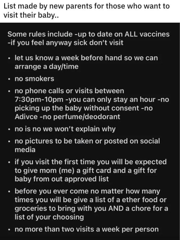 List of rules for visiting include giving a week&#x27;s notice, no pictures, must bring an approved gift card and a gift at first visit and then food/groceries at next visits and perform a chore