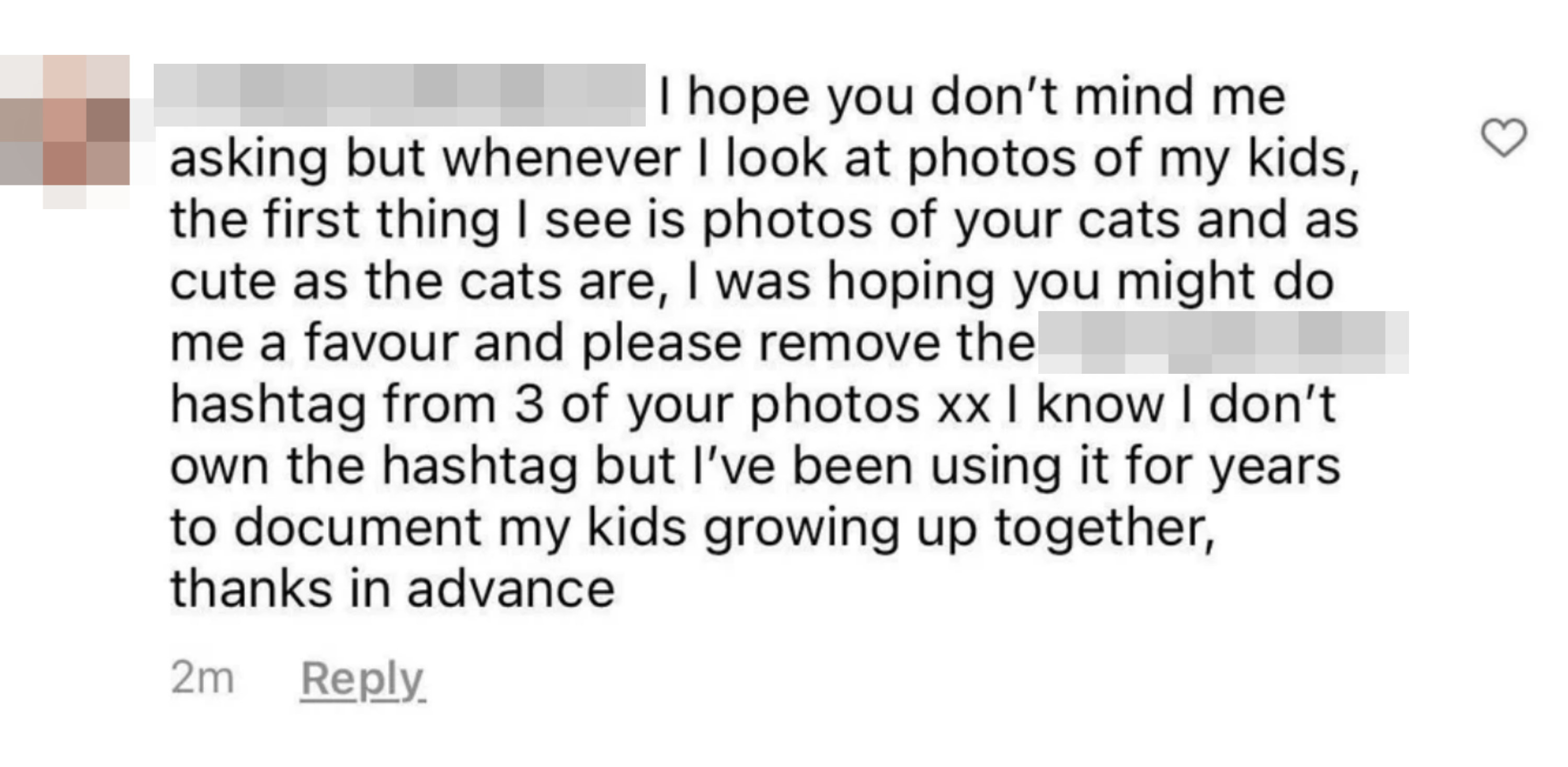 Person asking someone to stop using a hashtag for their cat photos because they&#x27;ve been using it for years for their kids and don&#x27;t want to see the other person&#x27;s cat photos