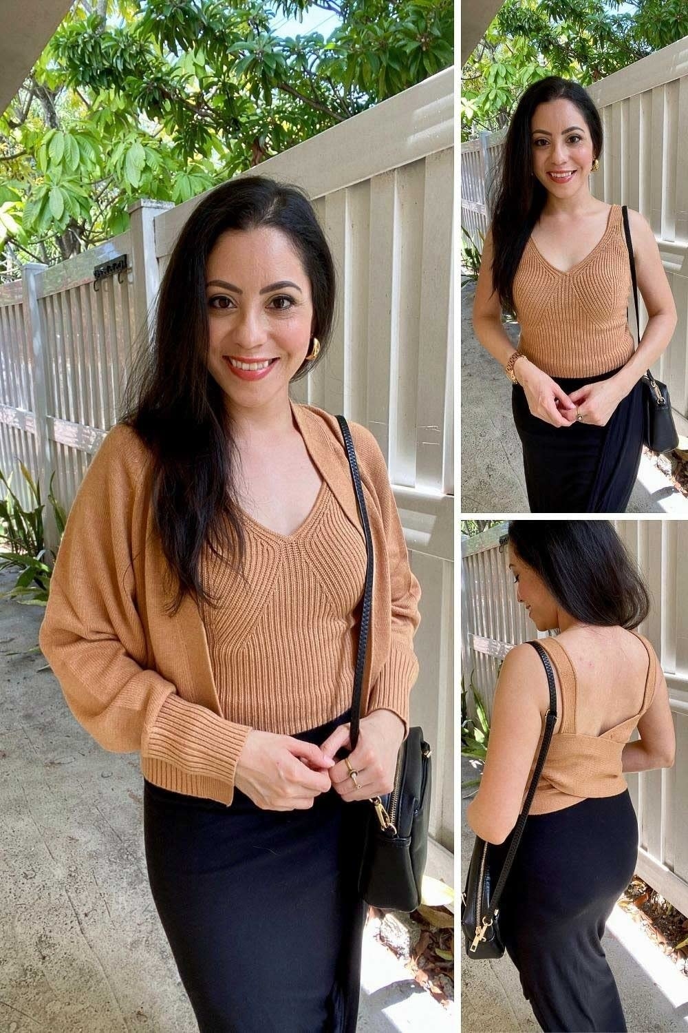 a reviewer photoset of a person wearing the tan set, both with and without the cardigan