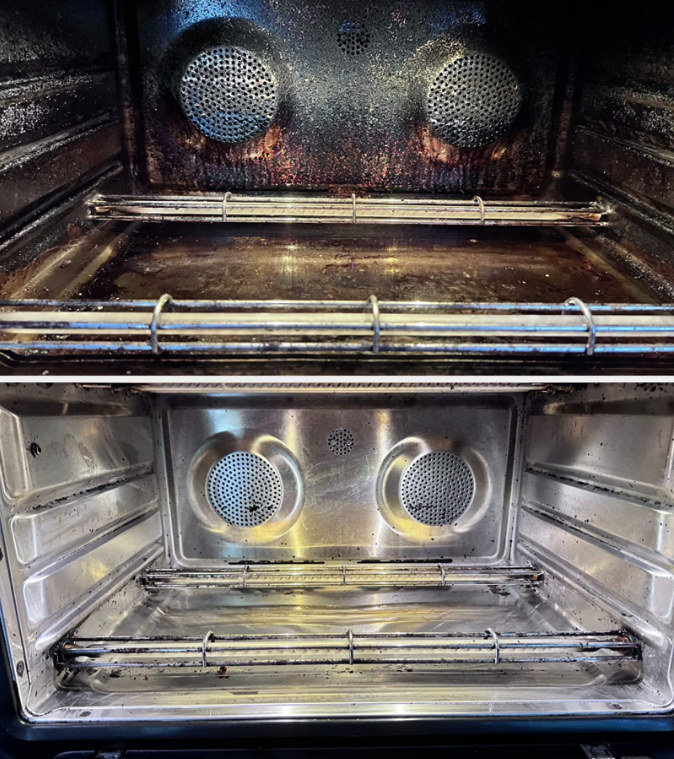 a reviewer&#x27;s oven before, crusted in a thick dark layer of burnt food and grease, and after, no more grease and shiny stainless steel