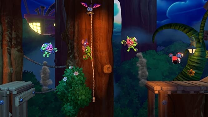 Yooka and Laylee climbing a rope