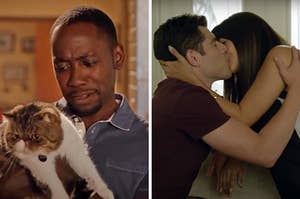 On the left, Winston from New Girl holding Ferguson the cat, and on the right, Nick and Cece kissing