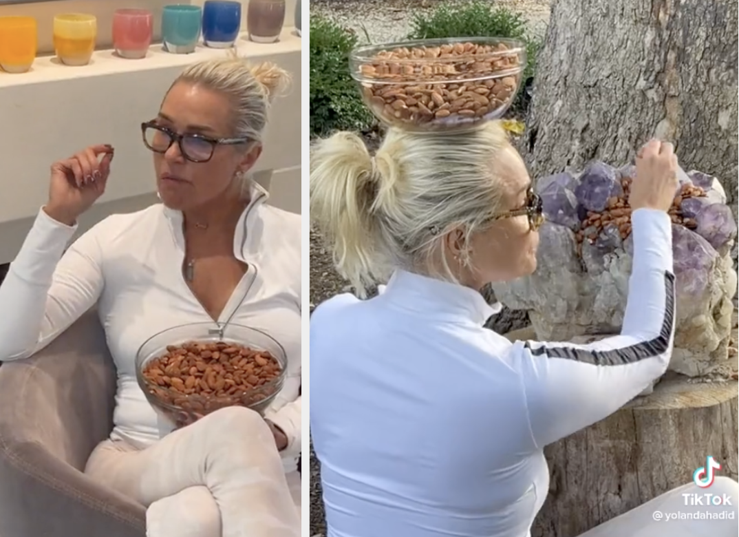 yolanda with a large bowl of almonds in her lap and then on her head