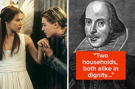 Romeo and Juliet are on the left with Shakespeare on the right labeled, " "Two households, both alike in dignity.."