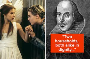 罗密欧（Romeo）和朱丽叶（Juliet）在左边有莎士比亚（Shakespeare），右侧标有“两个家庭，都有尊严。”