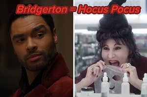 Simon is on the left with Mary on the right labeled, "Bridgerton = Hocus Pocus"