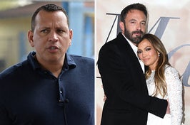 Alex Rodriguez wears a navy blue Polo shirt. Ben Affleck wears a black suit while Jennifer Lopez wears a white lace dress.