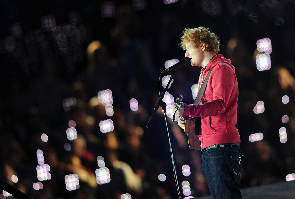 British singer Ed Sheeran performs the Olympic stadium during the closing ceremony of the 2012 London Olympic Games